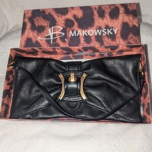 B. Makowsky Black Leather Clutch with Gold Buckle
